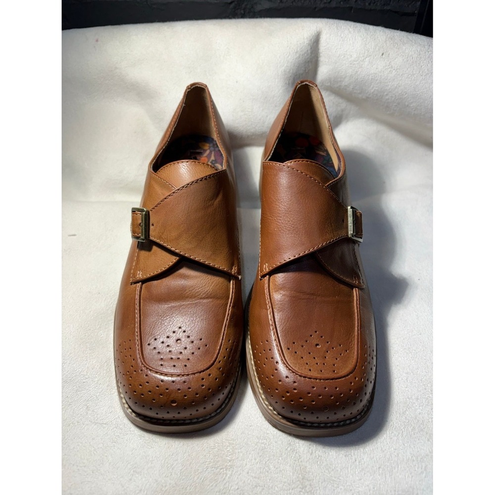 Kork-Ease Brown Leather Monk Strap Loafers Square Toe Brogue Block Heel Shoes